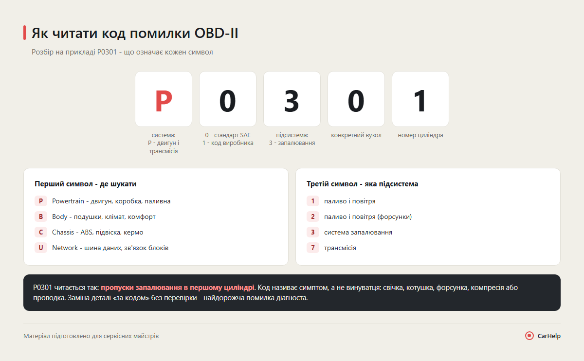 Схема розшифровки коду помилки OBD-II на прикладі P0301